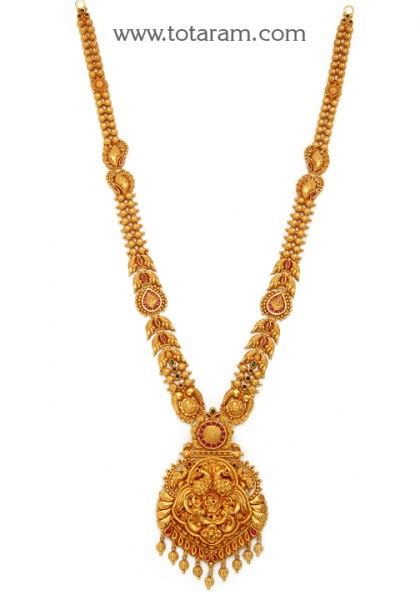 22k Gold Peacock Long Necklace With Beads Temple Jewellery 235 Gn5352 In 41 000 Grams