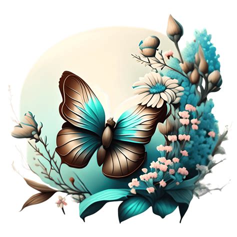 Teal Butterfly On A Branch With Flowers · Creative Fabrica