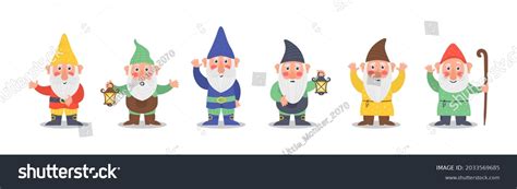 Classic Garden Gnomes Colorful Outfits Different Stock Illustration