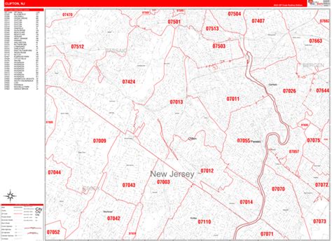 Clifton Nj Wall Map Red Line Style