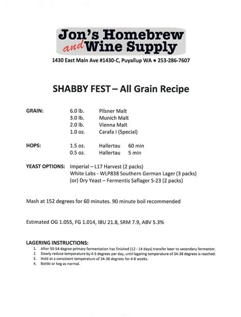 Shabby Fest All Grain Recipe Jons Homebrew And Wine Supply