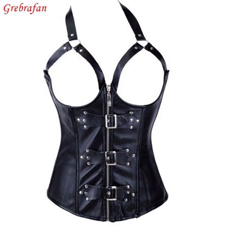 Black Sexy Faux Leather Open Bust Corset Lace Up Boned Bustier In Bustiers And Corsets From