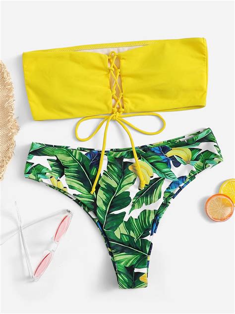 Lace Up Bandeau With Random Palm Print Bikini Set Romwe Palm Print