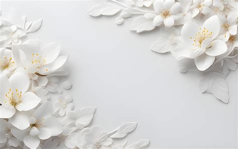 Flores Blancas Y Hojas De Textura De Papel Sobre Un Fondo Blanco