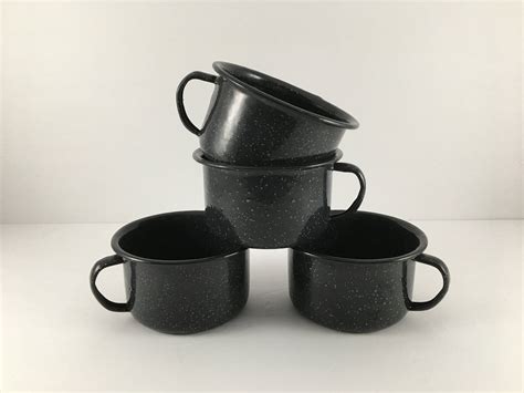 Vintage Set Of Black Speckled Enamelware Mugs Camping Coffee Etsy