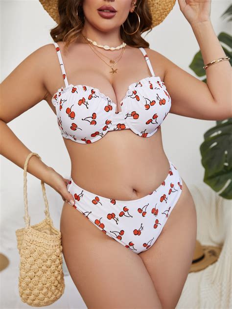 Shein Swim Mod Plus Cherry Print Bikini Set Underwire Bra Top High