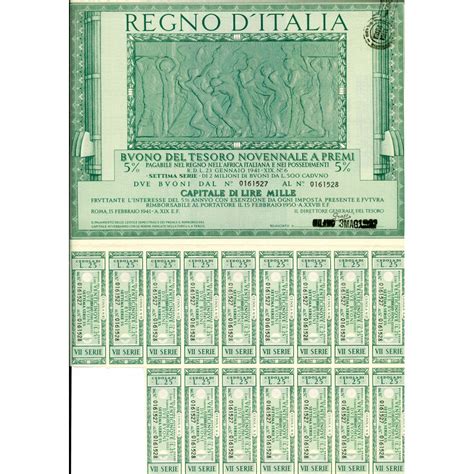 1941 02 Buono Del Tesoro Novennale A Premi 5 Lire 1000 Roma