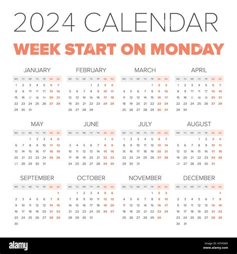 2024 Calendar Week Starting Monday Start And End Sharl Demetris