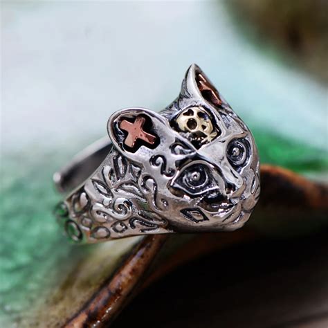 MetJakt Vintage Cute Cat Rings Solid 925 Sterling Silver Open Ring For