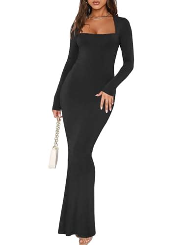 Reoria Womens Sexy Going Out Square Neck Long Sleeve Bodycon Maxi