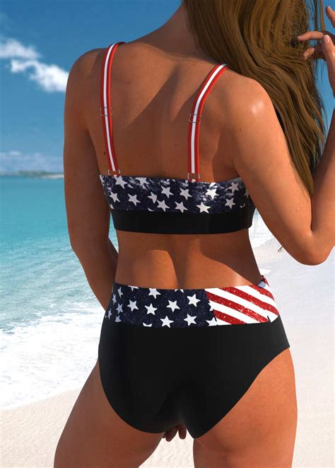 High Waisted American Flag Print Bowknot Bikini Set Rosewe USD