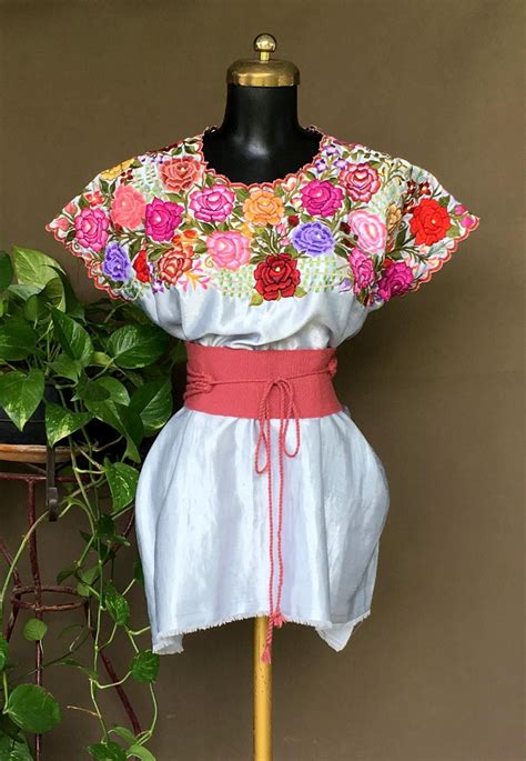 Embroidered Mexican Light Blue Huipil Mexican Blouse Etsy Mexican