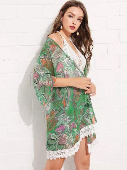 Chiffon Kimono Lace Trim Printed Beach Cover Up Power Day Sale