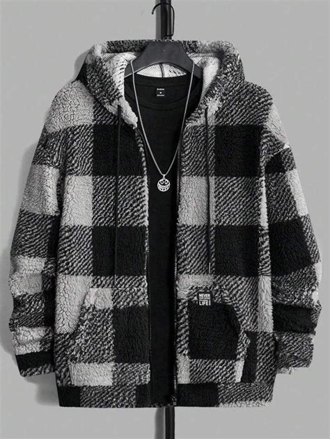 Manfinity Men Buffalo Plaid Print Drawstring Hooded Teddy Jacket