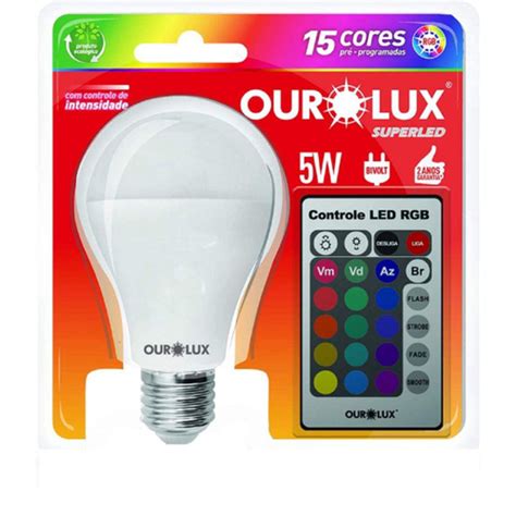 Lâmpada Bulbo Led 5w Rgb Muda Cores Controle Remoto Ourolux em Promoção