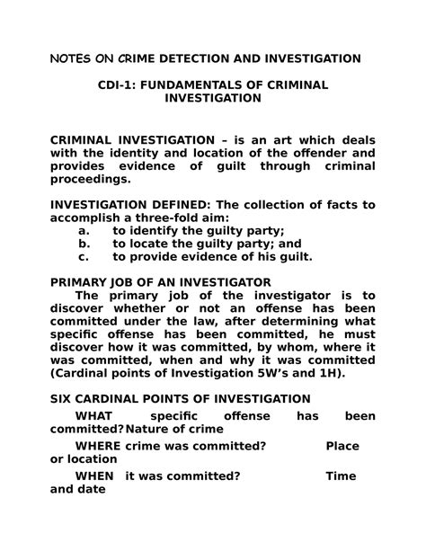 Cdi 1 Fundamentals Of Criminal Investigation Notes On Cr Ime