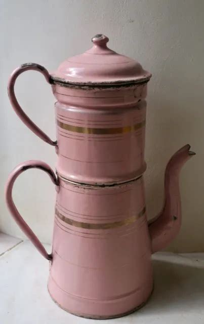 ANCIENNE CAFETIERE AVEC Filtre En Tôle Émaillée Rose Filets Or Japy EUR