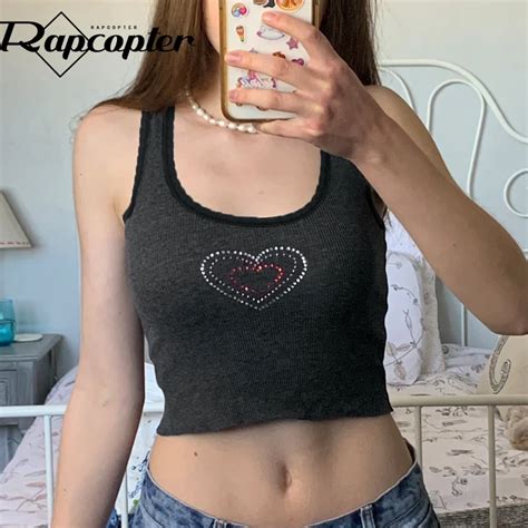 Rapcopter Y2k Heart Diamonds Tank Tops Knitted Trim Cute Crop Top Strap