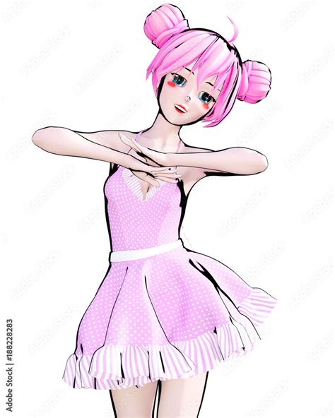 3d Sexy Anime Doll Girl Big Blue Eyes And Bright Makeup Pink Dress