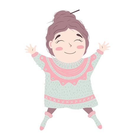 cute girl in a voluminous ugly hygge sweater spread her arms and legs. Happy character in winter