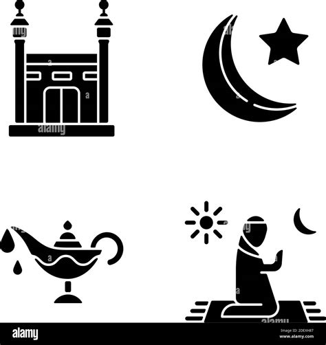 Traditional Religious Muslim Rituals Black Glyph Icons Set On White