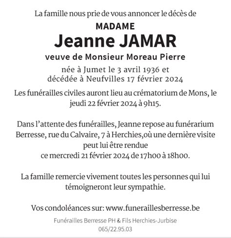 Madame Jeanne JAMAR funérailles Berresse