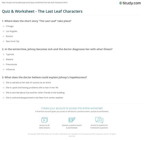 Quiz & Worksheet - The Last Leaf Characters | Study.com