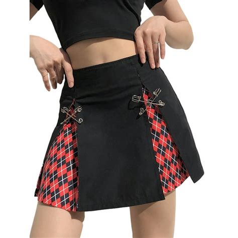 Tregren Women Lace Patchwork Mini Pleated Skirts High Waist Goth Skirt