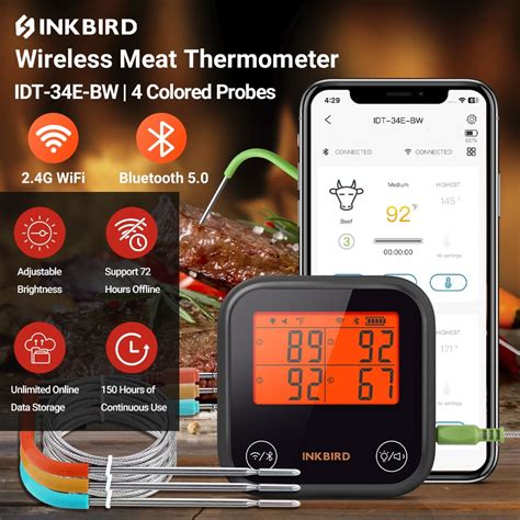 Inkbird Wifiandbluetooth Meat Thermometer 4 Colored Probes Wireless Bbq Thermometers For Barbecue