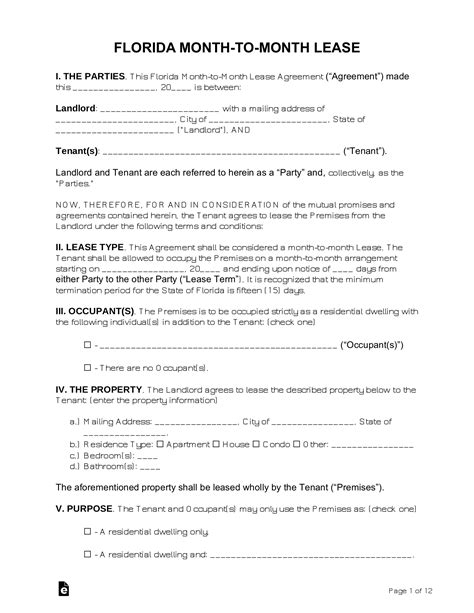 Free Florida Month To Month Lease Agreement Pdf Word Eforms