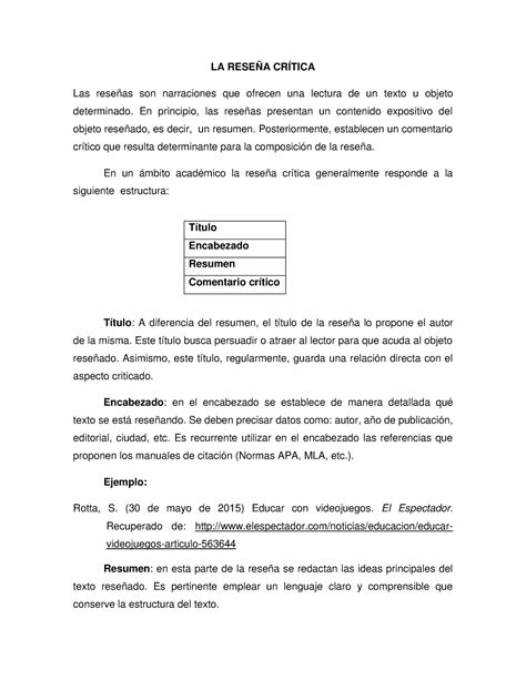 Guía para elaborar una reseña LA RESEÑA CRÍTICA Las reseñas son