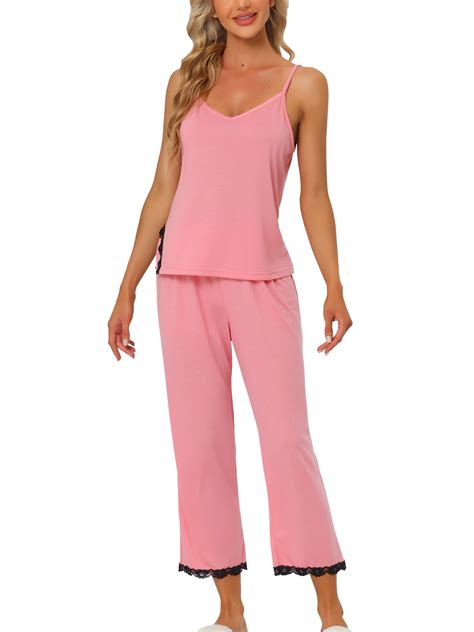 Unique Bargains Women Womens Cami Top Capri Pajama Set Soft Modal Lace