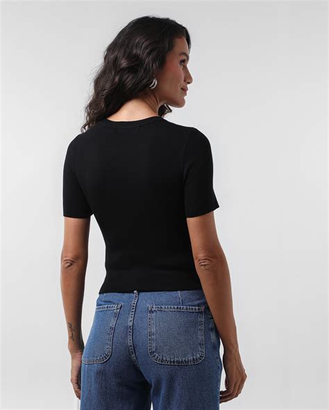 Riachuelo Blusa Feminina Manga Curta Canelada Preto Ak By Riachuelo