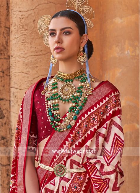 Red And White Patola Print Silk Contemporary Saree