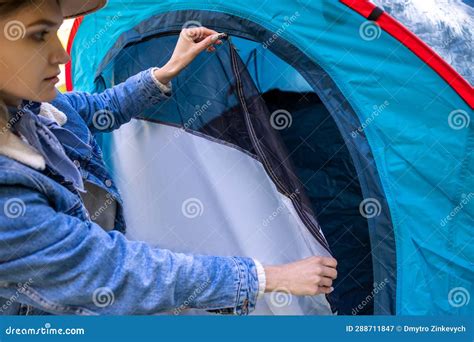 Blonde Woman Closing The Entrance To The Tent Stock Image Image Of