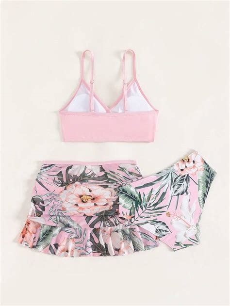 Tween Girl Tropical Print Bikini Swimsuit With Beach Skirt SHEIN USA