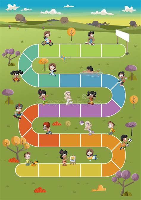 School Theme Board Game: Cartoon Children Playing in Green Park