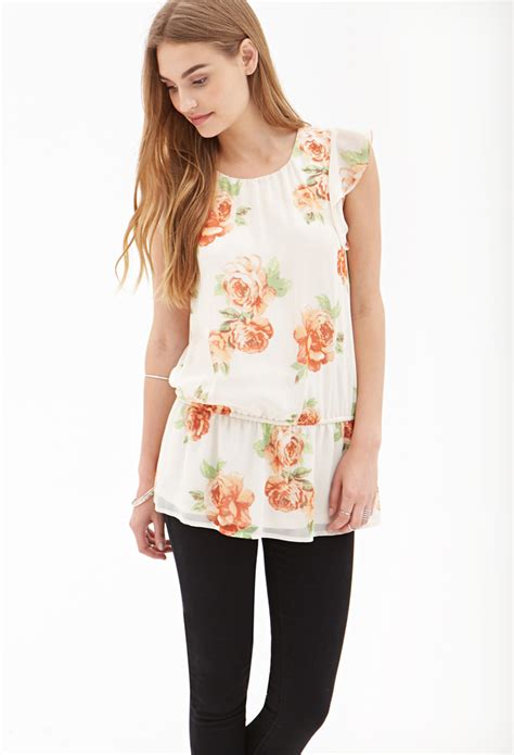 Lyst Forever 21 Ruffled Floral Chiffon Blouse In Pink