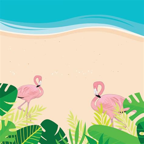 Flamingos cor de rosa de pé na praia folhas tropicais estilo