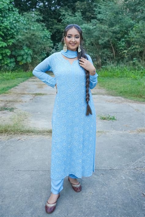 pearl blue chikankari set ethnic threads