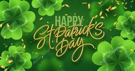 Letras realistas doradas Feliz Día de San Patricio con trébol realista