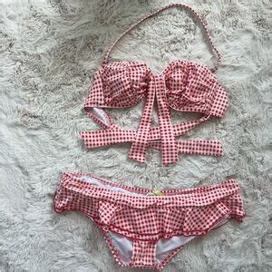 Swim Retro Red And White Vintage Gingham Halter Ruffle Bikini Set Poshmark
