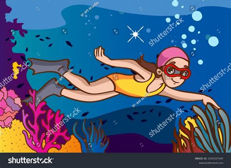 Girl Swimming Underwater Vector Illustrationsnorkeling Girl Stock ...