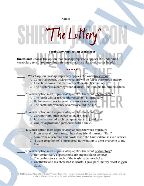 "The Lottery" by Shirley Jackson Vocabulary Games and Activities for