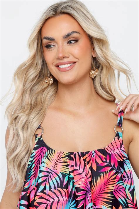 Yours Curve Black Tropical Print Frill Bikini Top Matalan