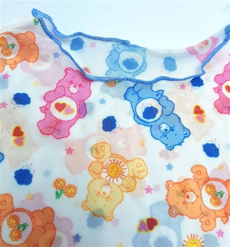 Shein X Care Bears Heart Print Lettuce Trim Mesh Top T Shirt Short