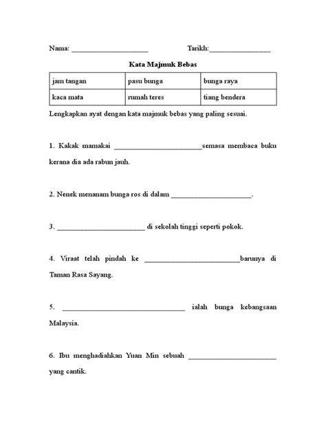 Lembaran Kerja Kata Majmuk Bebas | PDF