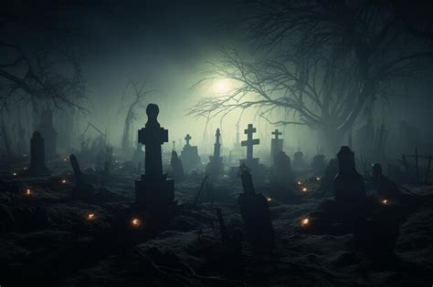 Premium AI Image Ghostly Cemetery Misty Night Shadows Shadows Shado