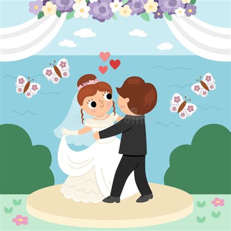 Vector Wedding Scene With Cute Just Married Couple Marriage Ceremony