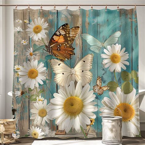 Boho Butterfly And Daisy Shower Curtain Vintage Blue Background Print